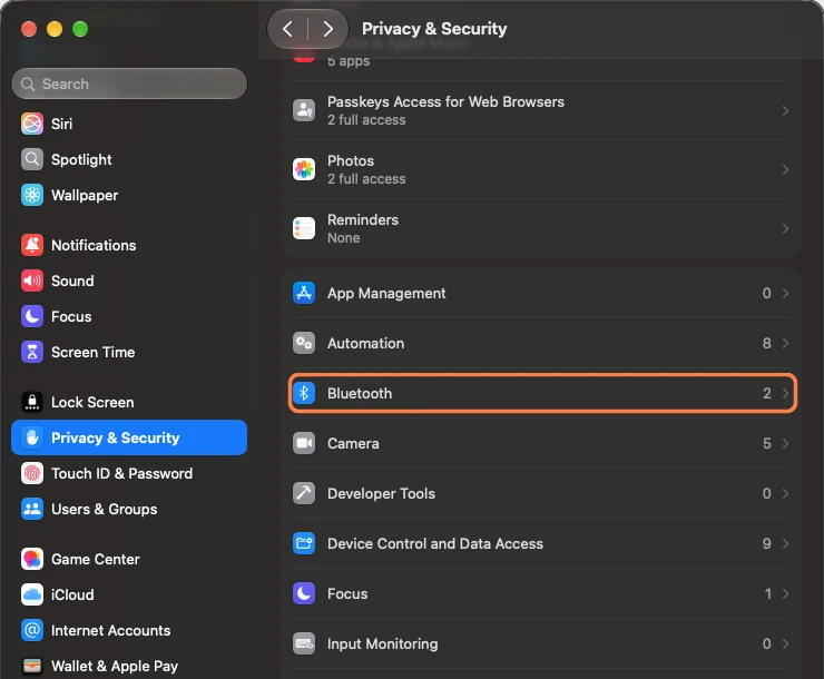 Scroll the Privacy & Security list and open Bluetooth.