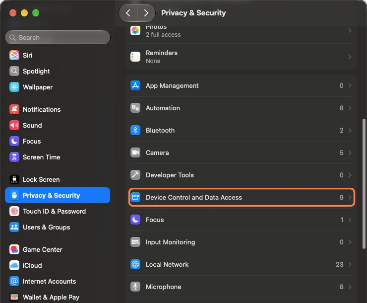 In Privacy & Security, open Device Control and Data Access (macOS 27).