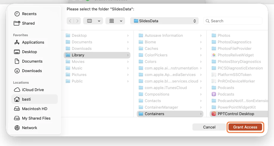 Keep SlidesData selected at the top, then click Grant Access at the bottom-right.