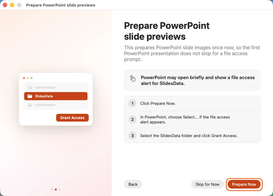 Click Prepare Now at the bottom-right of the PowerPoint preview setup.
