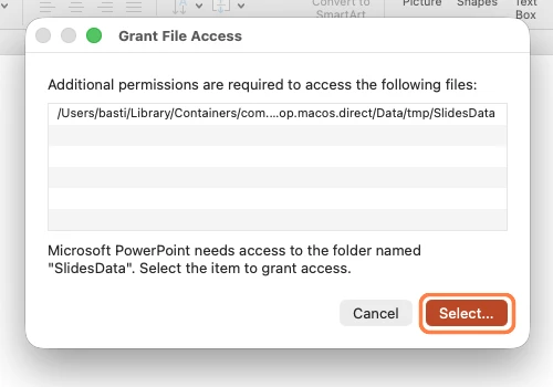 Click Select… when PowerPoint asks for file access.