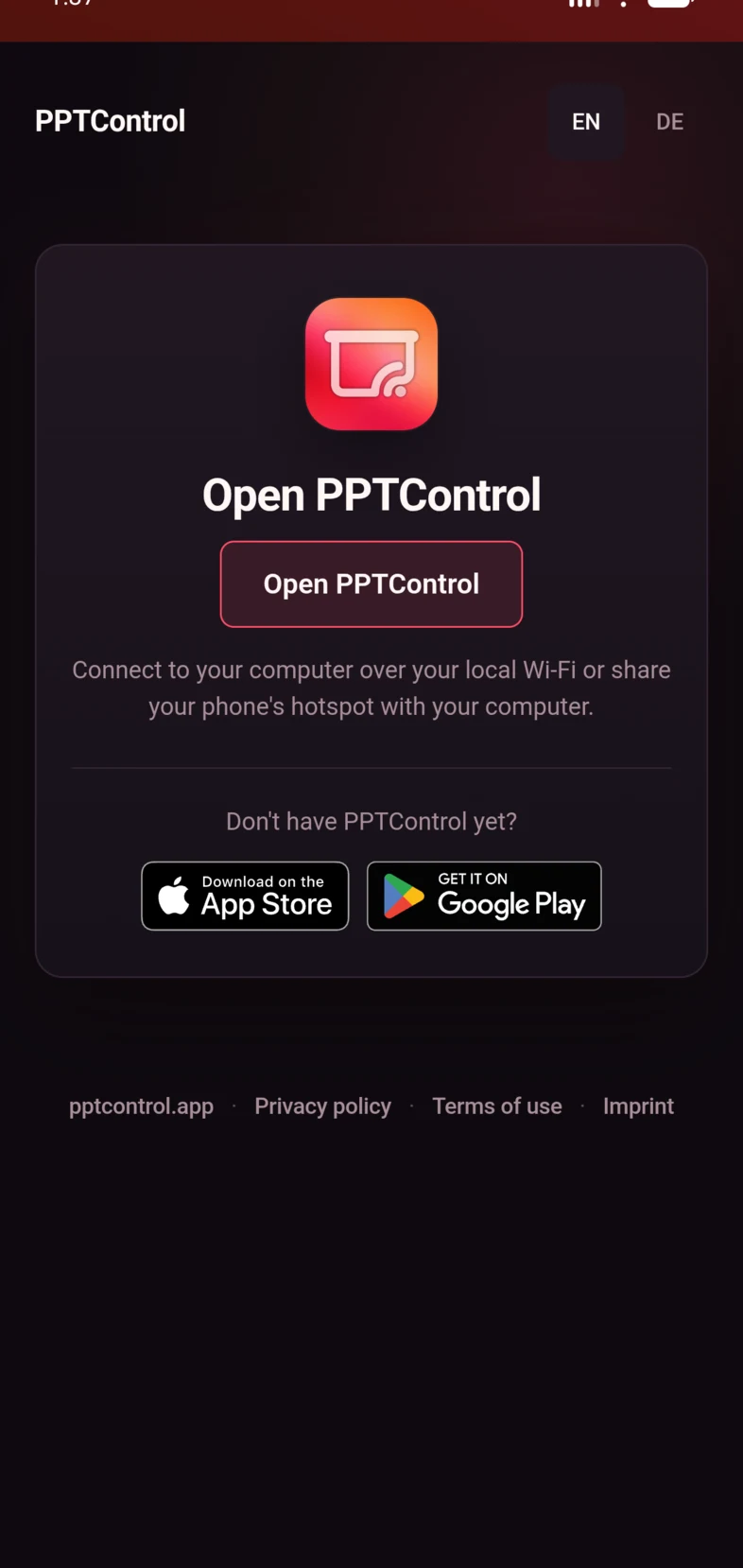 In your Android browser, tap Open PPTControl on the pairing page.
