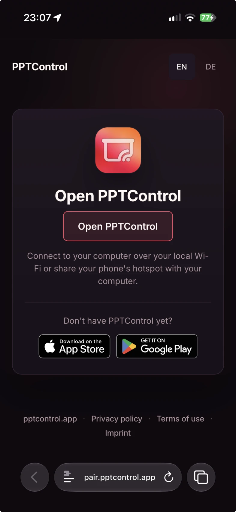 In Safari on iPhone or iPad, tap Open PPTControl on the pairing page.