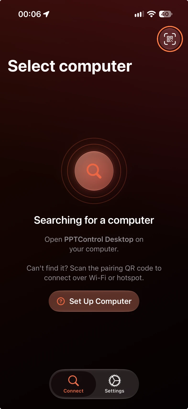 1. In PPTControl’s Connect tab, tap the QR scanner in the top-right corner.
