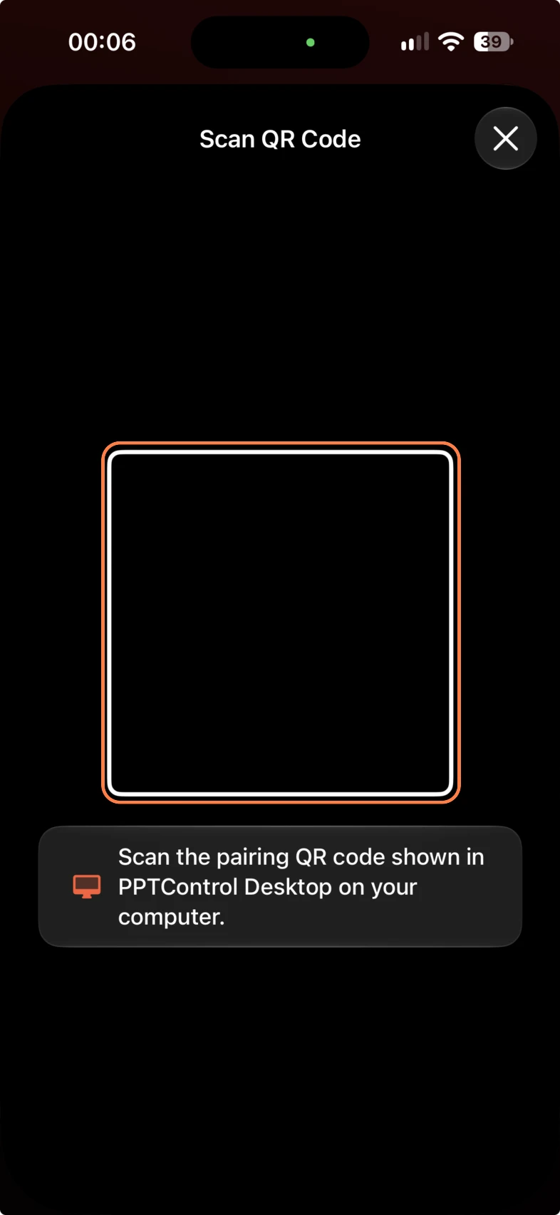 2. Allow camera access if asked, then point the frame at the code displayed on your computer.