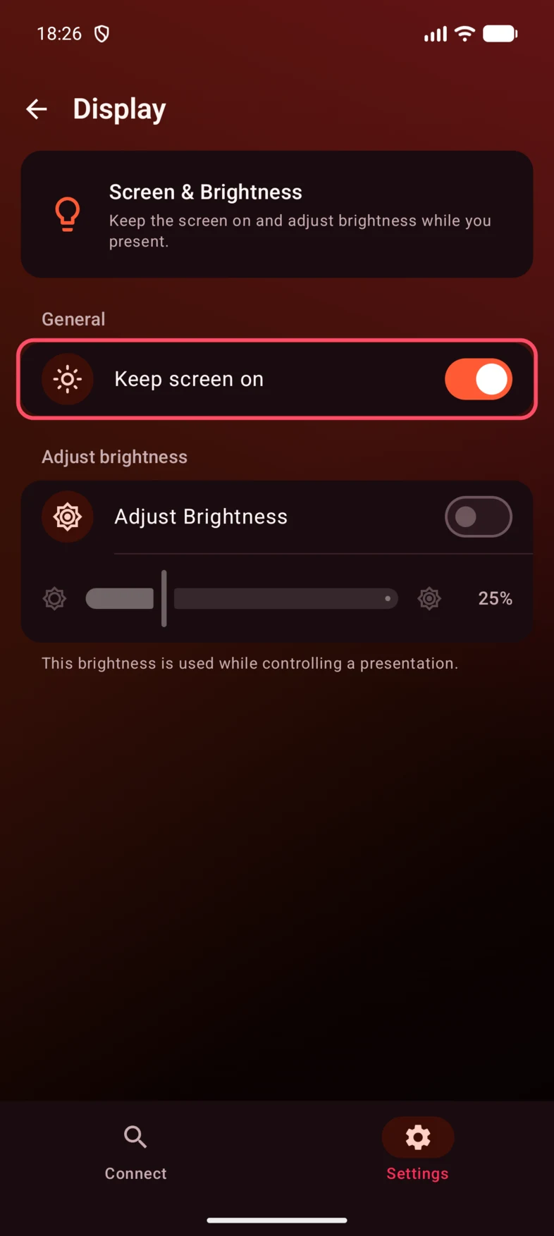 2. Turn on Keep screen on. The switch is enabled in this example.