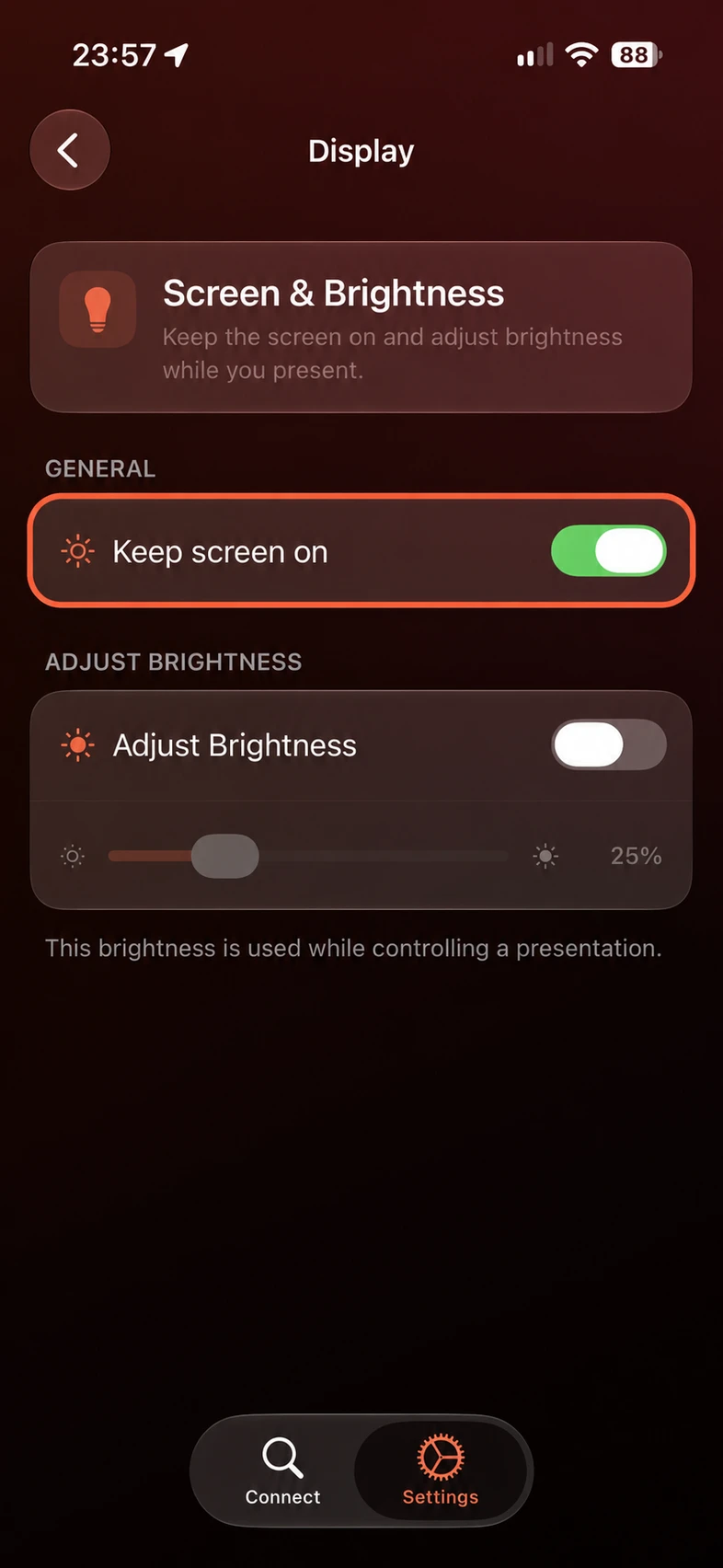 2. Turn on Keep screen on. The green switch shows it is enabled.