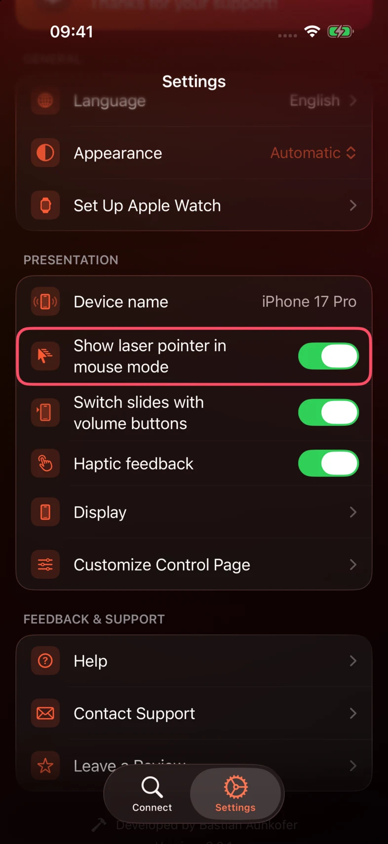 In PPTControl Settings, turn on Show laser pointer in mouse mode.