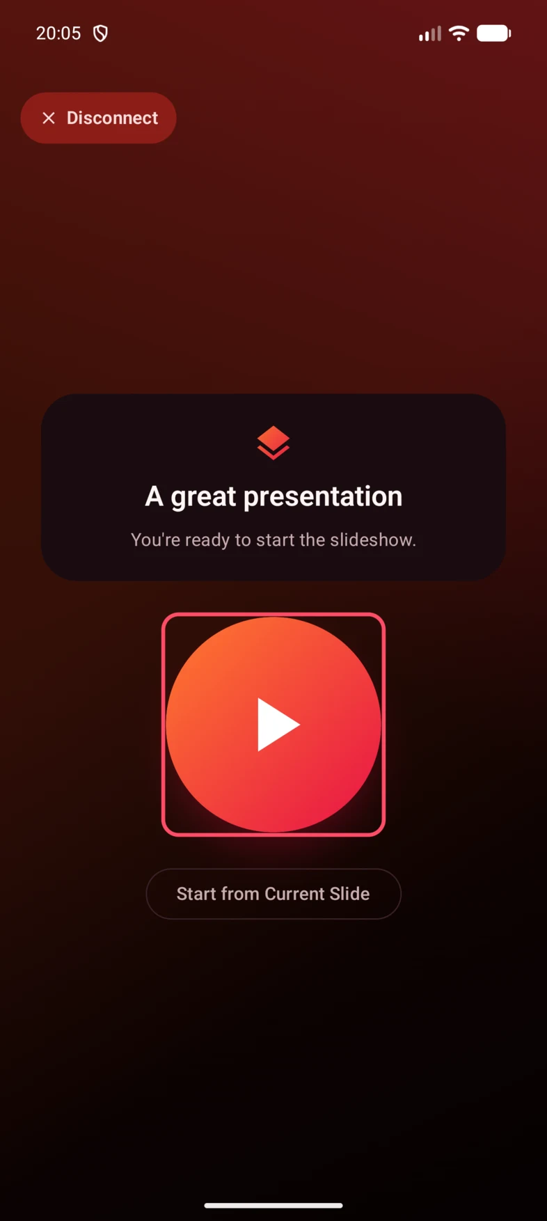 With your PowerPoint or Keynote presentation detected, tap the large Play button to start the slideshow.