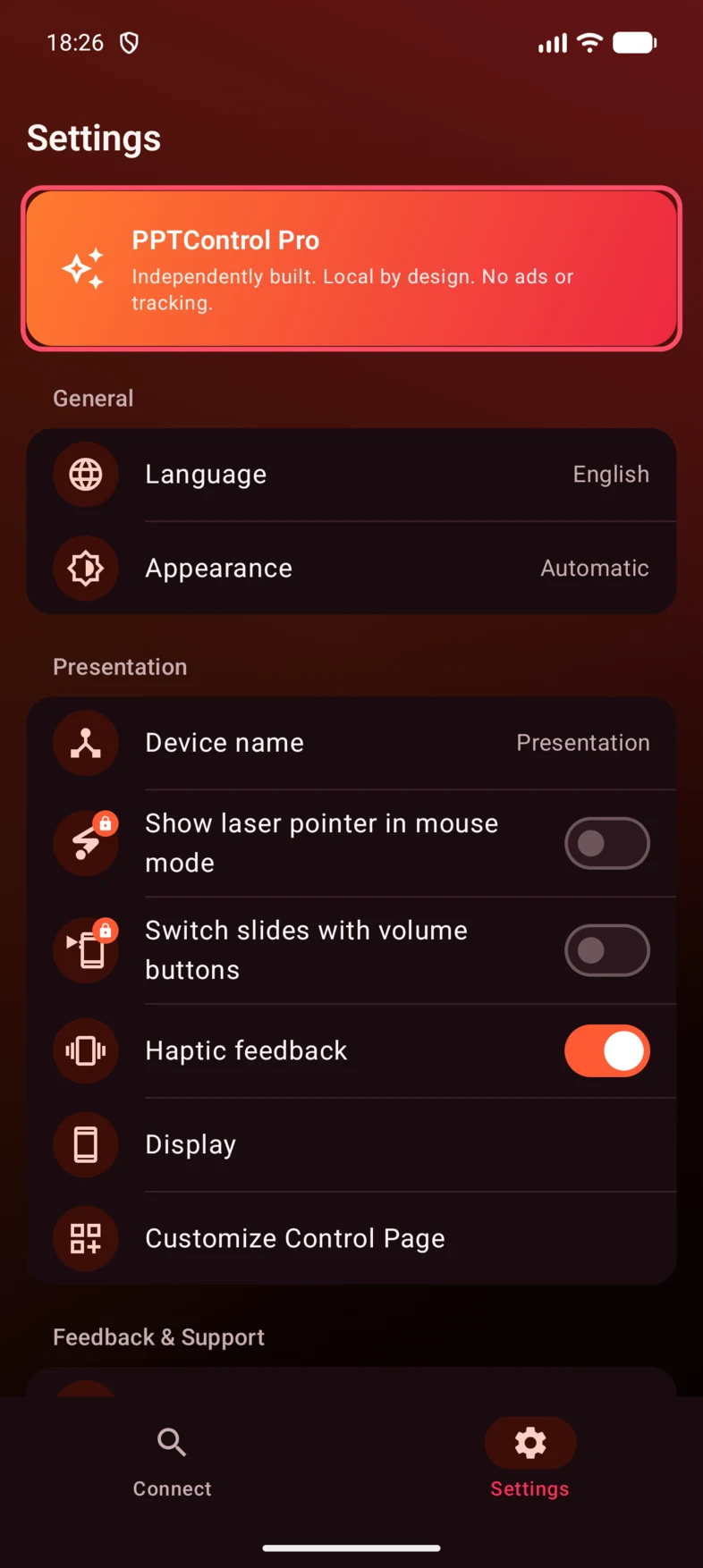 In the Settings tab, tap PPTControl Pro.