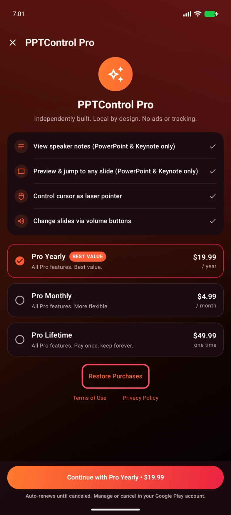 Choose Restore Purchases on the PPTControl Pro screen. This example uses demo offers.
