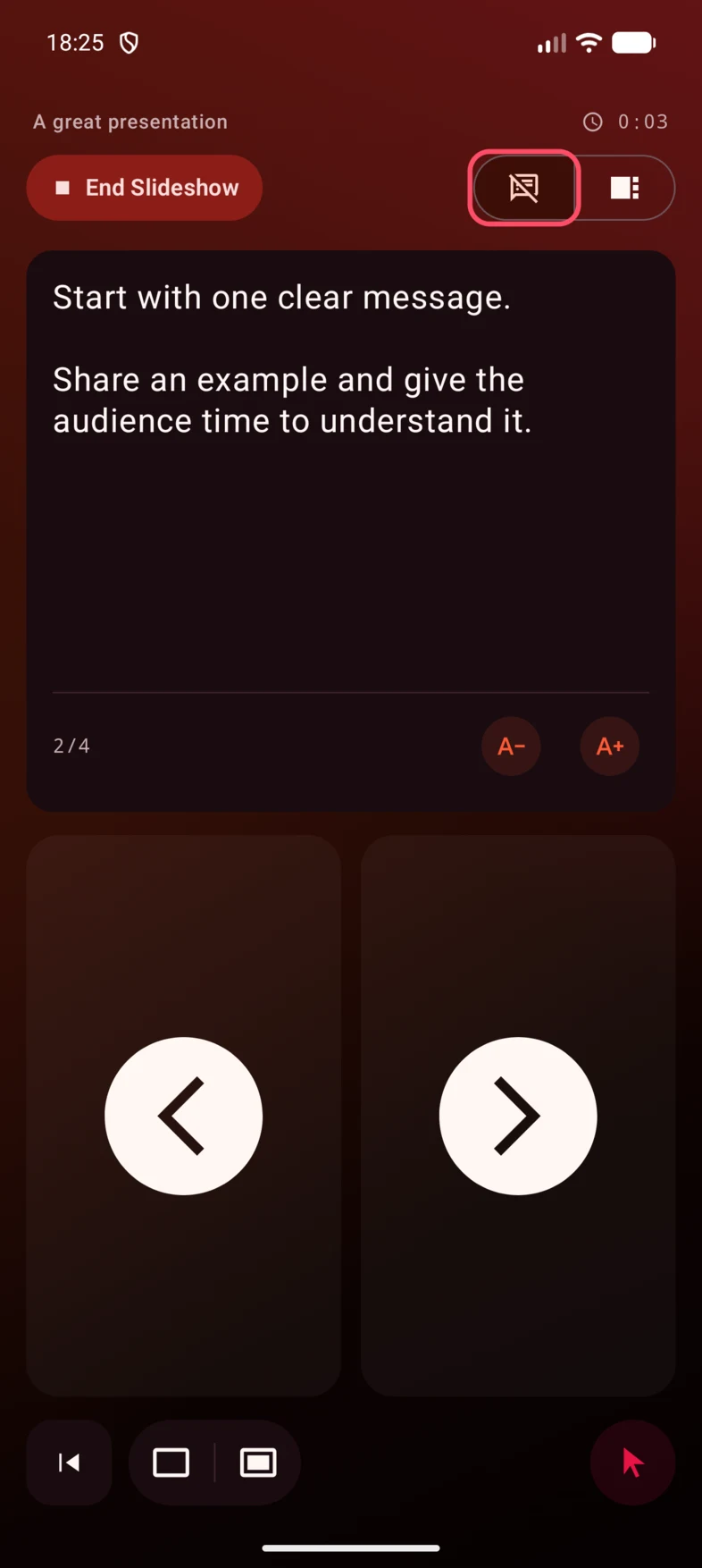 Tap the speech-bubble button to show or hide your notes. The screenshot uses a sample presentation.
