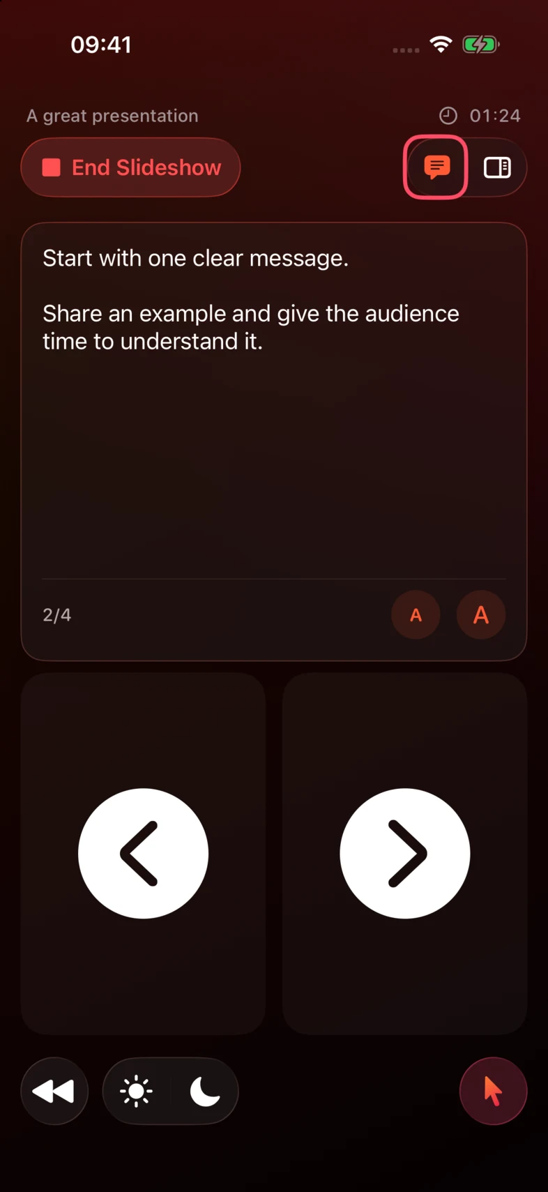 Tap the speech-bubble button to show or hide your notes. The screenshot uses a sample presentation.