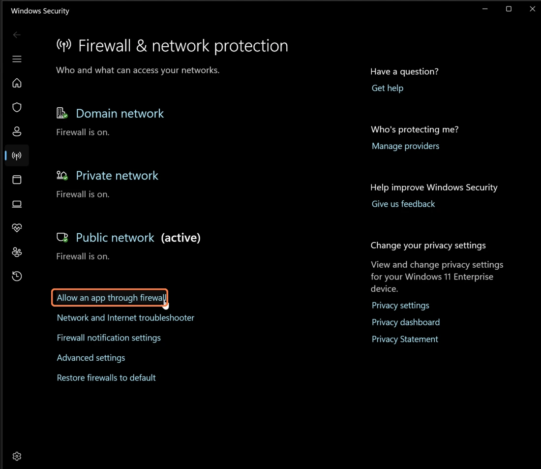 Note the active network profile, then click Allow an app through firewall.