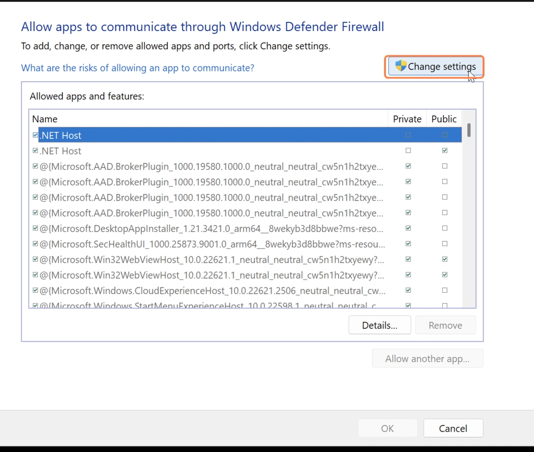 Click Change settings to edit the allowed-app list.