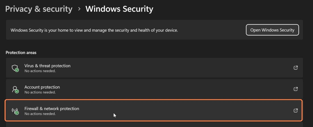 In Windows Security settings, choose Firewall & network protection.