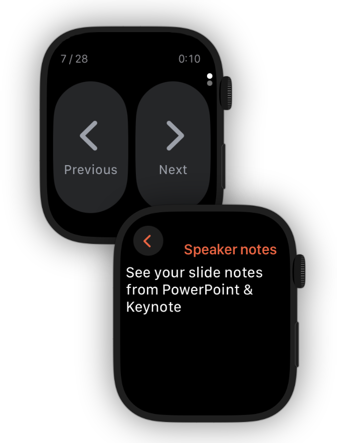 PPTControl slide controls and speaker notes on Apple Watch